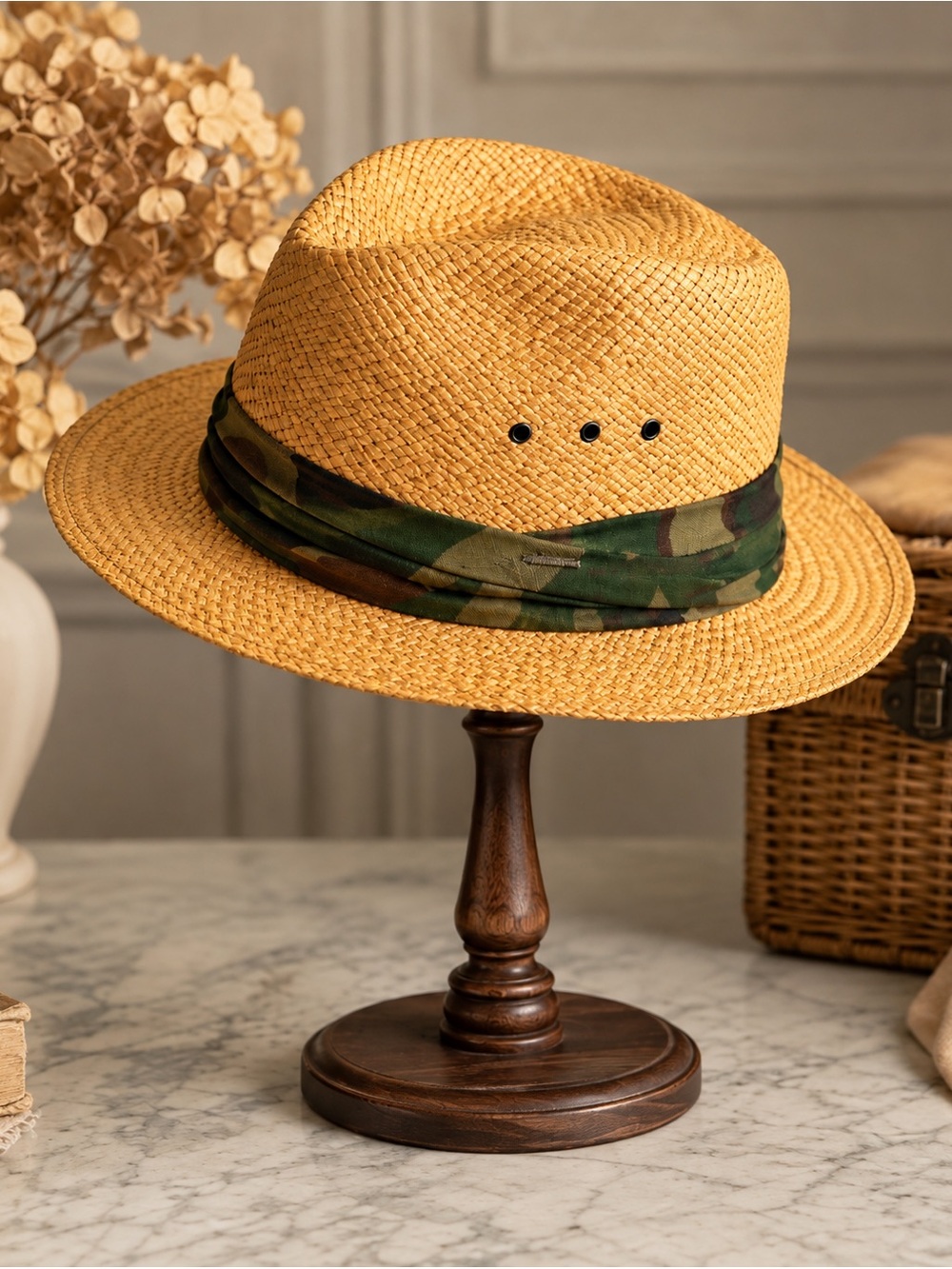 Vintage Stetson Natural Straw Fedora Hat with Camouflage Band